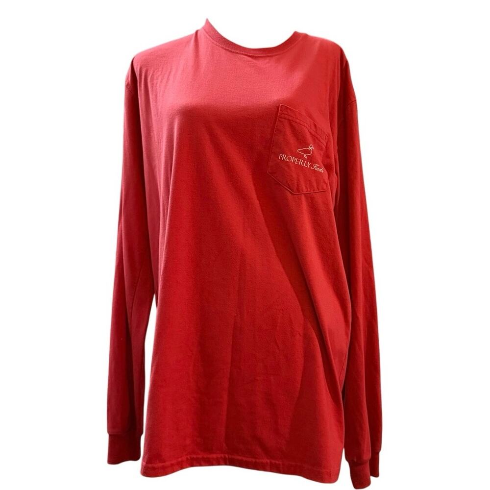 Properly Tied Red Long Sleeve Pocket Tee Shotgun Shell Graphic Shirt Size L